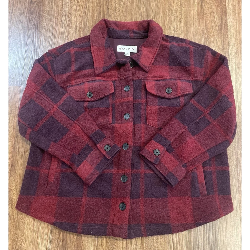 Ava & Viv Coat Shacket Jacket Women's Plus Size 1X Button Down Maroon Wine Plaid